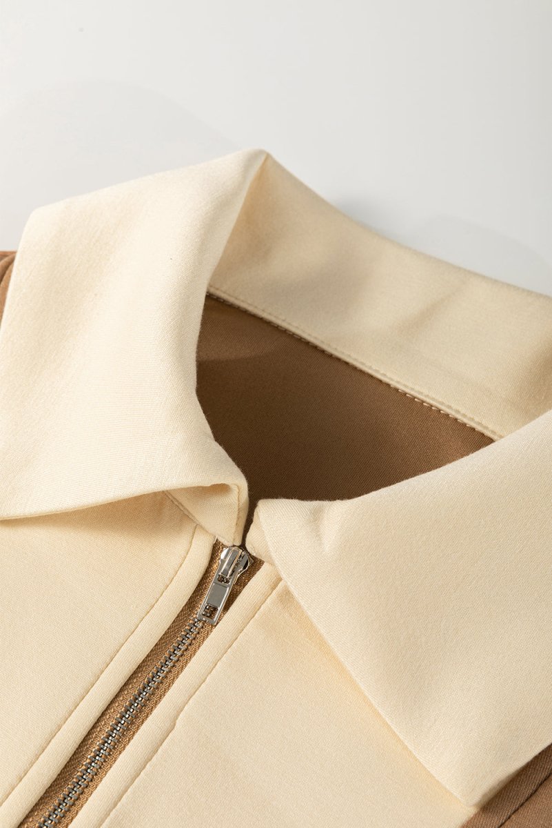 Simply Taupe Half Zipper Collared Colorblock Top - Love Salve